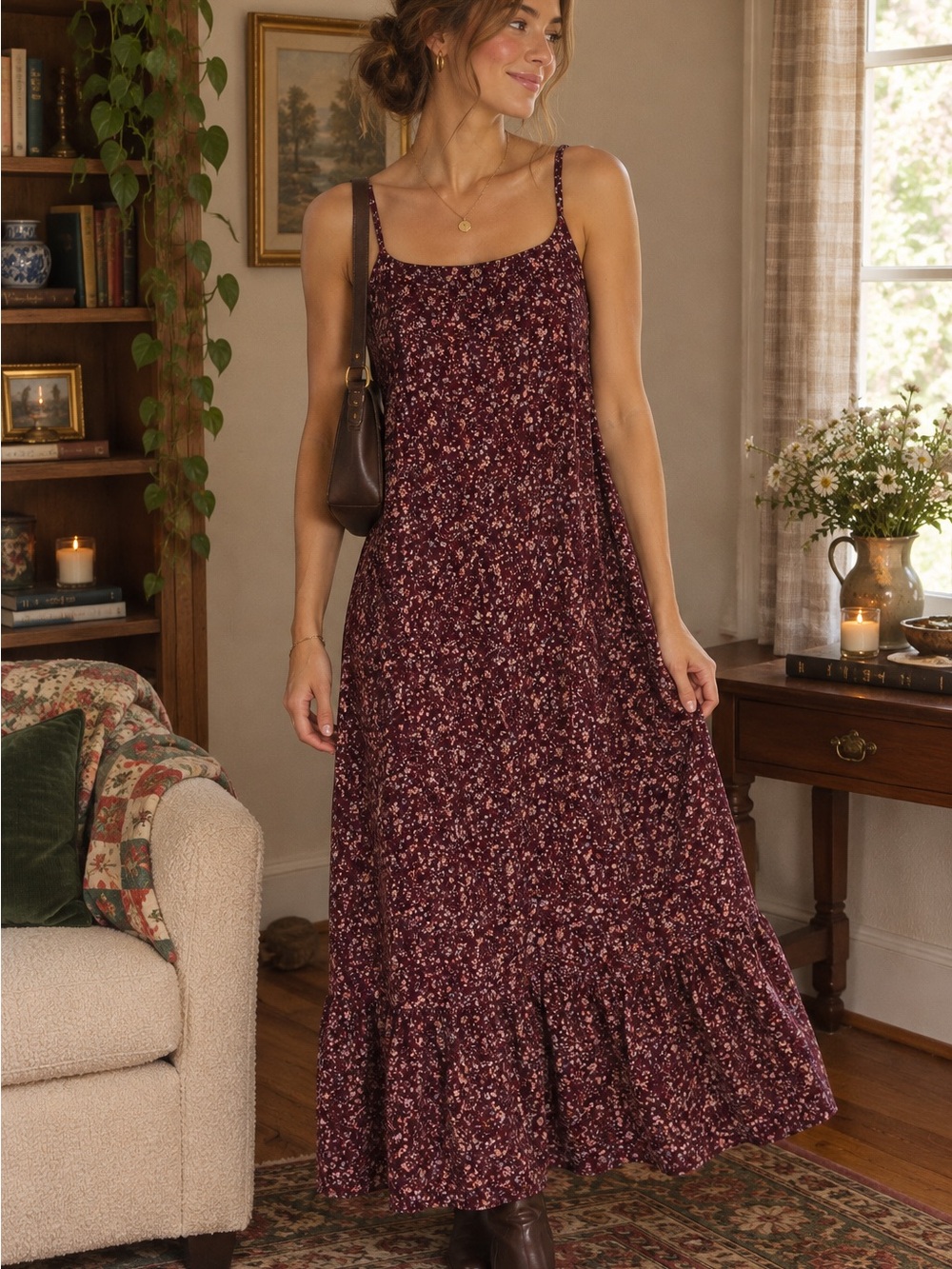 Wallflower Burgundy Floral Maxi Dress with Ruffle Hem